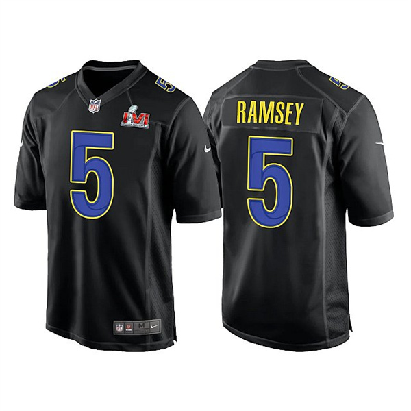 Men's Los Angeles Rams #5 Jalen Ramsey 2022 Black Super Bowl LVI Game Stitched Jersey Men's Los Angeles Rams #5 Jalen Ramsey 2022 Black Super Bowl LVI Game Stitched Jersey